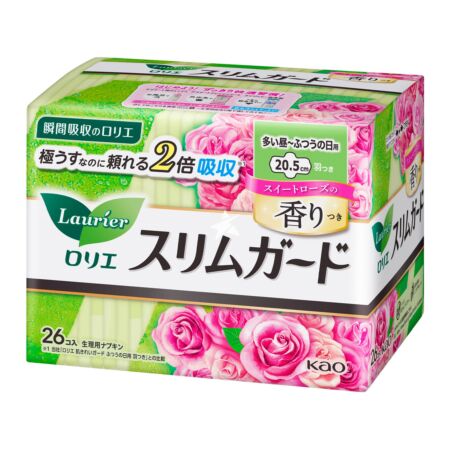 Kao Laurier (JP) Slimguard Cotton Protection Pads with Wing Day Use Sweet Rose Scent 20.5cm 26 Pads