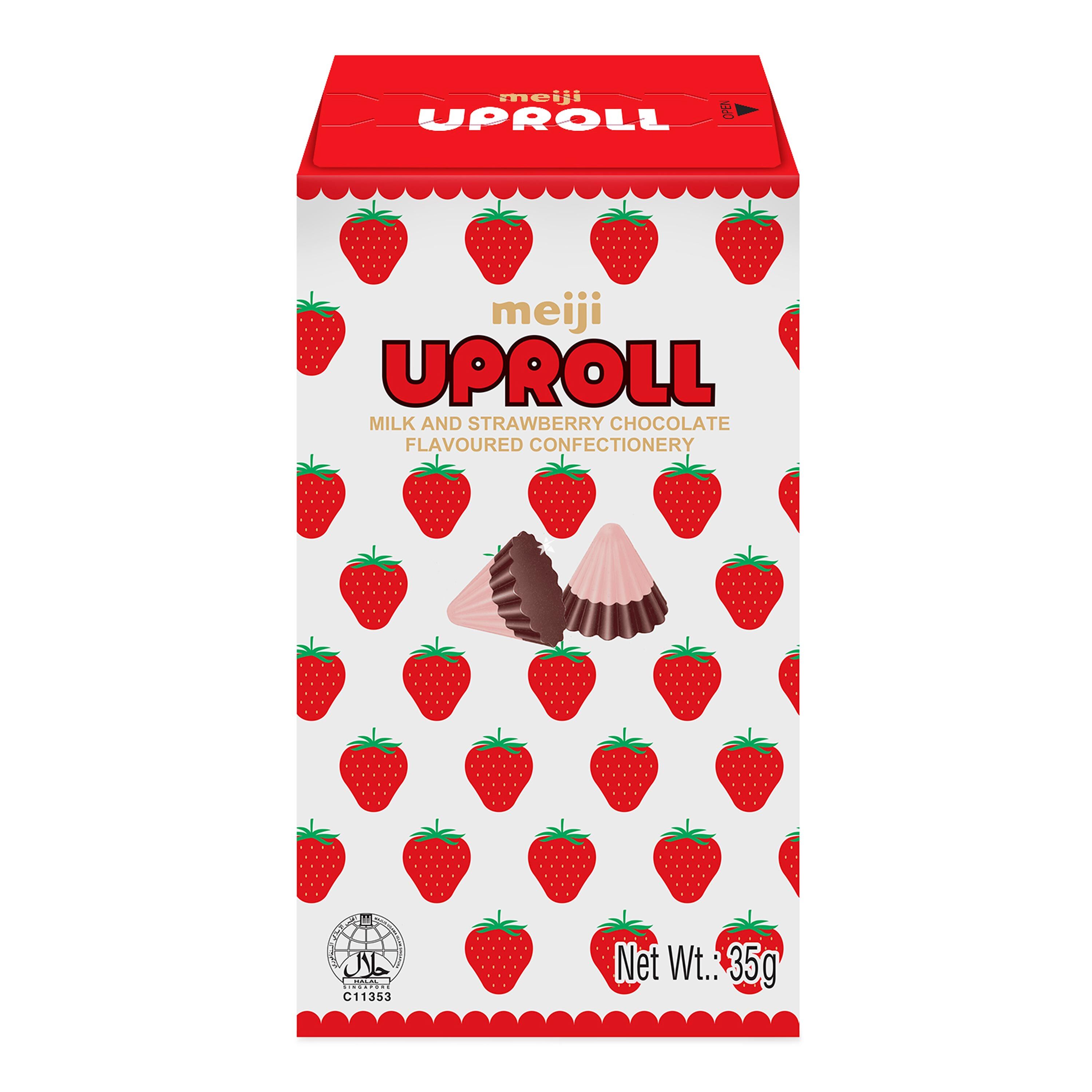 Buy Meiji Uproll Milk and Strawberry Chocolate Flavoured Confectionery 35g Japanese Supermarket Online UK Starry Mart
